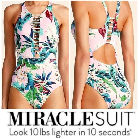 Miraclesuit Pink Floral High Neck Swimsuit Sz Medium - Picture 1 of 12